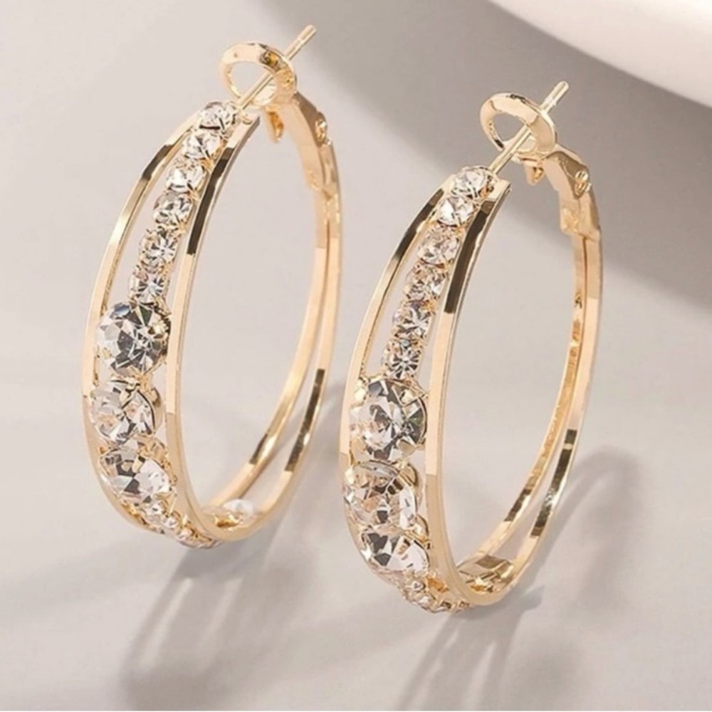 BRAND NEW-GOLD PLATED AND RHINESTONE HOOP EARRINGS